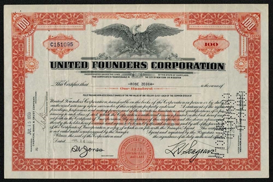 United Founders Corp Stock Certificate - Great Crash of '29