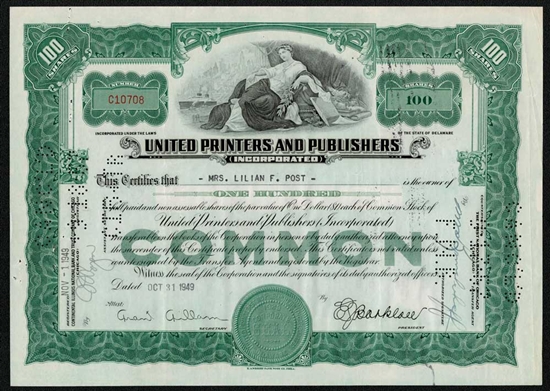 United Printers and Publishers Stock Certificate