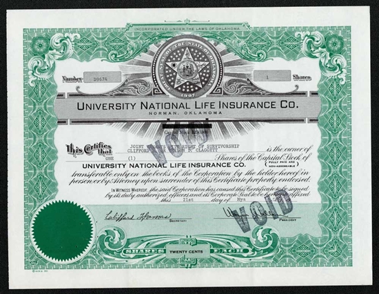 University National Life Insurance Co Stock Certificate