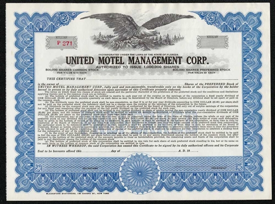 United Motel Management Corp Stock Certificate