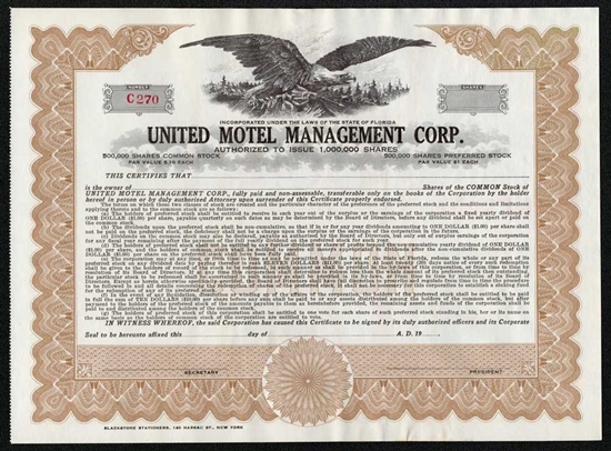 United Motel Management Corp Stock Certificate