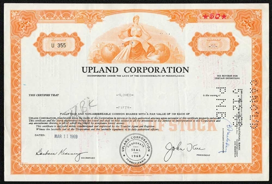 Upland Corp Stock Certificate - 1969