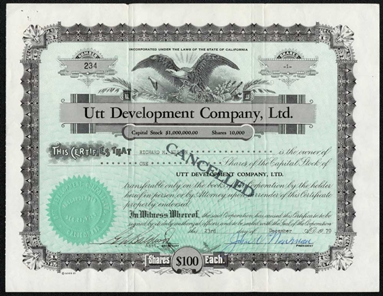 Utt Development Company Ltd Stock Certificate - 1970