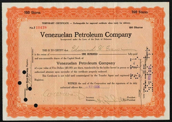 Venezuelan Petroleum Company Stock Certificate