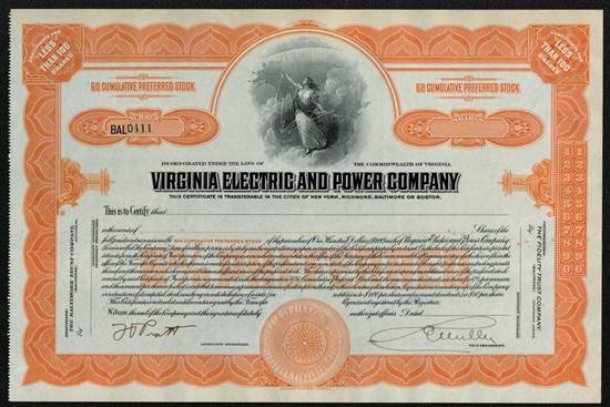 Virginia Electric and Power Company Stock Certificate