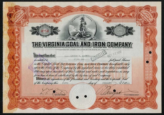 The Virginia Coal and Iron Co Stock Certificate - 1941