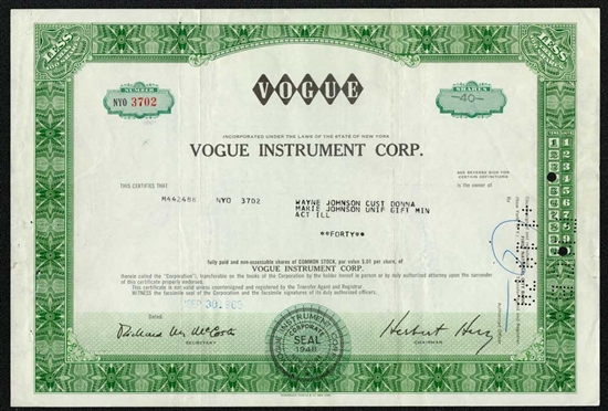 Vogue Instrument Corp Stock Certificate