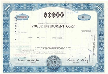 Vogue Instrument Corp Stock Certificate