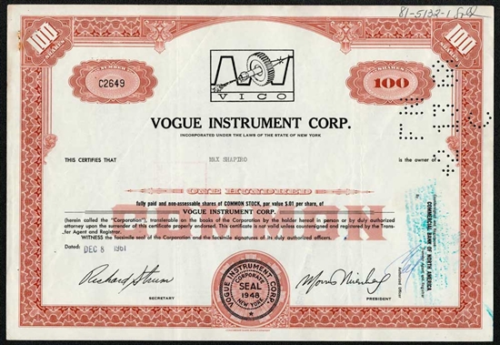 Vogue Instrument Corp Stock Certificate