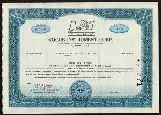 Vogue Instrument Corp Stock Certificate