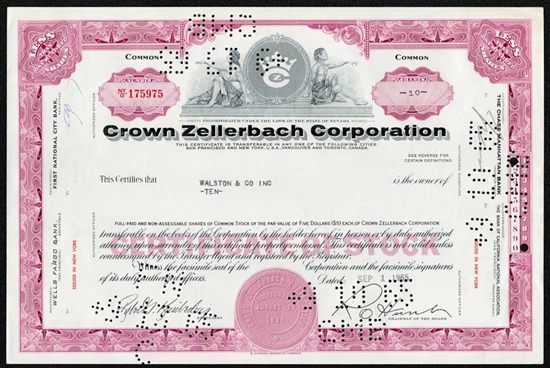 Crown Zellerbach Corp Stock Certificate
