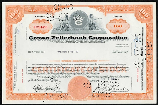 Crown Zellerbach Corp Stock Certificate