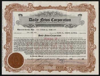 Daily News Corp Stock Certificate - 1931