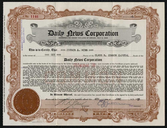 Daily News Corp Stock Certificate - 1931
