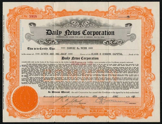 Daily News Corp Stock Certificate - 1931