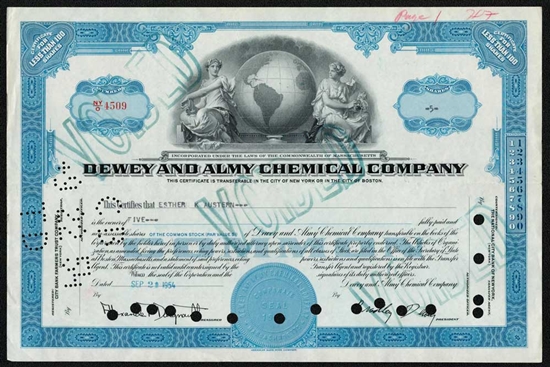 Dewey and Almy Chemical Company  Stock Certificate- 1954