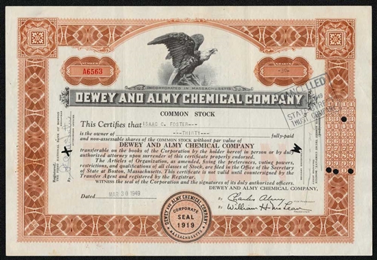 Dewey and Almy Chemical Company  Stock Certificate - 1940s
