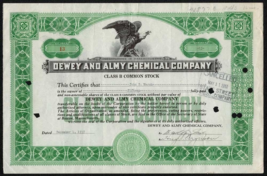 Dewey and Almy Chemical Company  Stock Certificate- 1937
