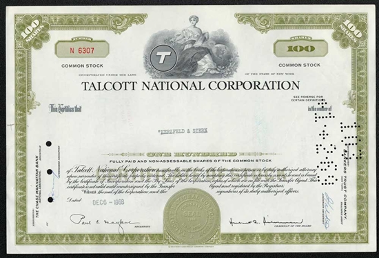 Talcott National Corp Stock Certificate - 1968