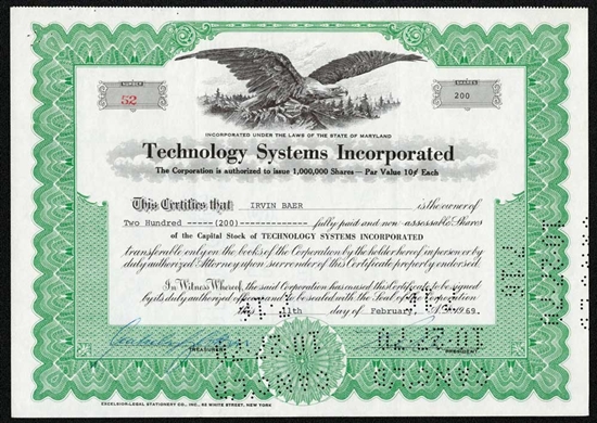 Technology Systems Inc Stock Certificate
