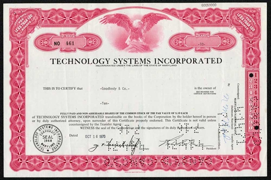 Technology Systems Inc Stock Certificate