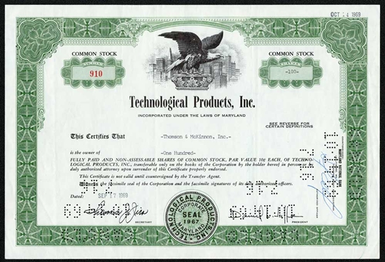 Technological Products Inc Stock Certificate