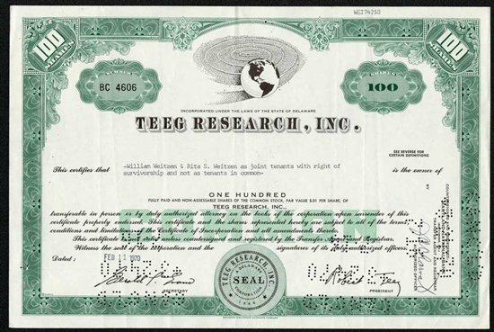 Teeg Research Inc Stock Certificate - 1970