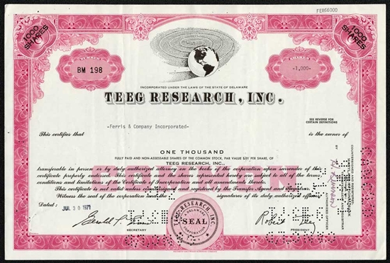 Teeg Research Inc Stock Certificate - 1970s
