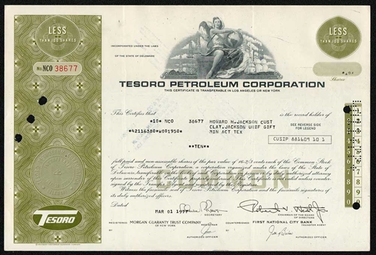 Tesoro Petroleum Corp Stock Certificate - 1970s