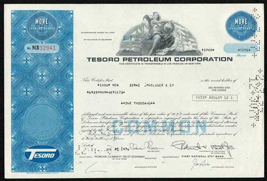 Tesoro Petroleum Corp Stock Certificate - 1970s
