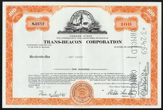 Trans-Beacon Corp Stock Certificate - 1960s
