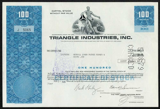 Triangle Industries, Inc. Stock Certificate  - 1970s