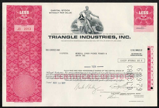 Triangle Industries, Inc. Stock Certificate  - 1970s
