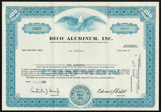 Deco Aluminum Stock Certificate - 1962
