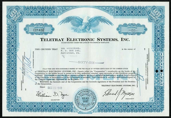 Teletray Electronic Systems Stock Certificate - 1960s