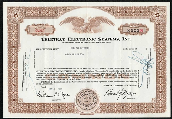 Teletray Electronic Systems Stock Certificate - 1960s