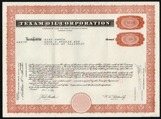 Texam Oil Corporation Stock Certificate - 1965