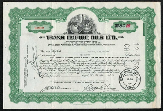 Trans Empire Oils Ltd Stock Certificate - 1952