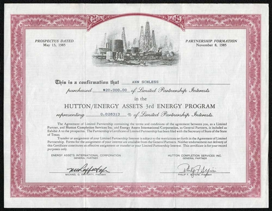 Hutton / Energy Assets Limited Partnership Certificate