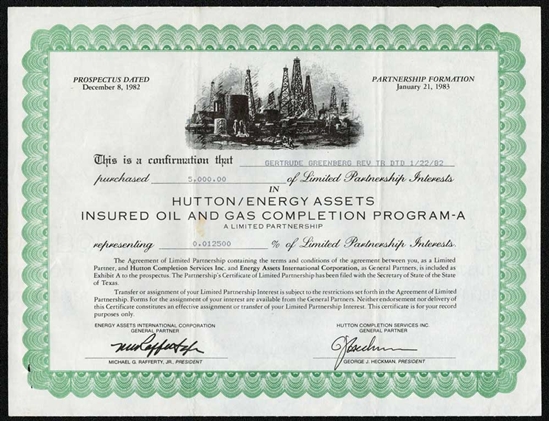 Hutton / Energy Assets Limited Partnership Certificate