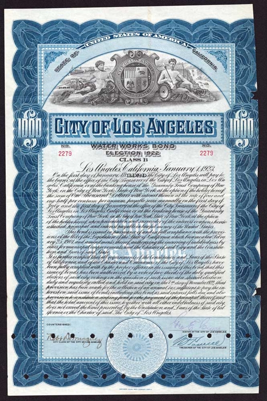 City of Los Angeles Water Works Bond - Signed by Mayor George E. Cryer -1923