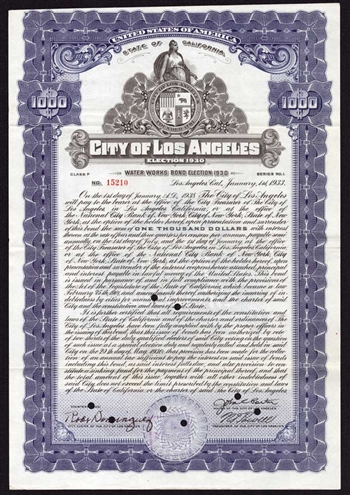 City of Los Angeles Water Works Bearer Bond - 1933