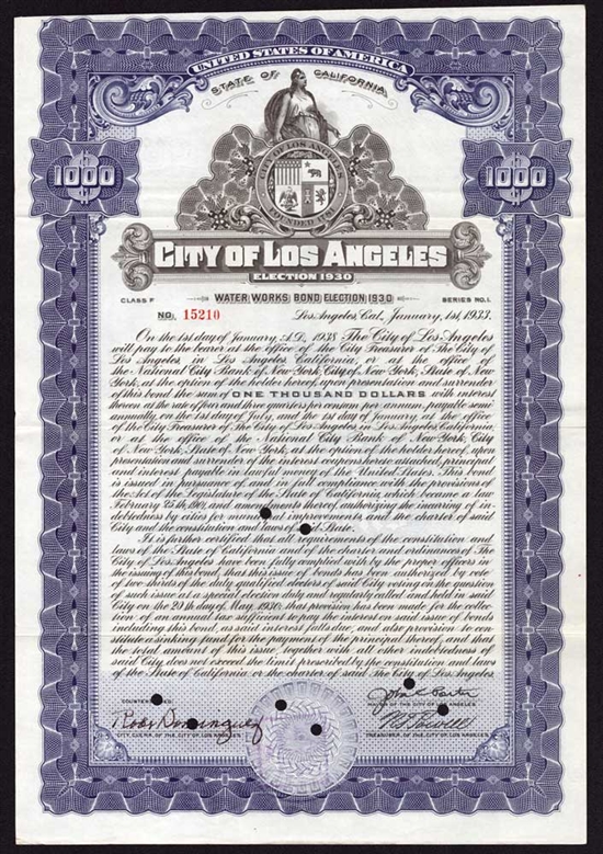 City of Los Angeles Water Works Bearer Bond - 1933