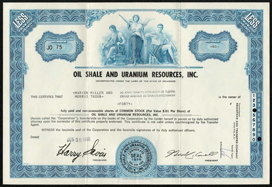 Oil Shale and Uranium Resources Stock Certificate - 1968