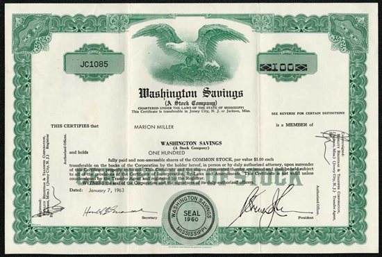 Washington Savings Stock Certificate - Mississippi - 1963