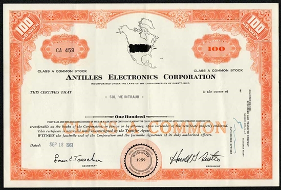 Antilles Electronics Corp Stock Cert - 1961