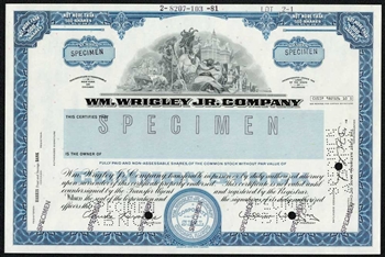 Wm. Wrigley Jr. Co  Specimen Stock Certificate  - Chewing Gum