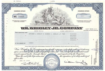 Wm. Wrigley Jr. Company  Stock Certificate  - Chewing Gum