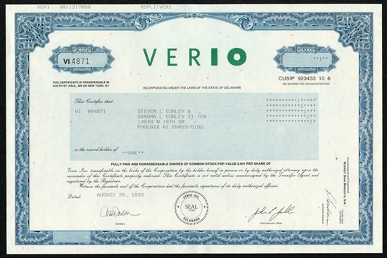 Verio  Stock Certificate - 1999