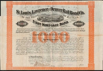 1871 St. Louis, Lawrence & Denver Railroad Bearer Bond